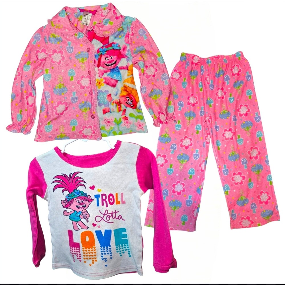DreamWorks Trolls Pajama Set Toddler 3T/4T Pink Fleece Good Poppy Branch Floral